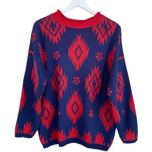 Vintage Stefano International Red &‎ Blue Navajo Southwest Style Print Sweater